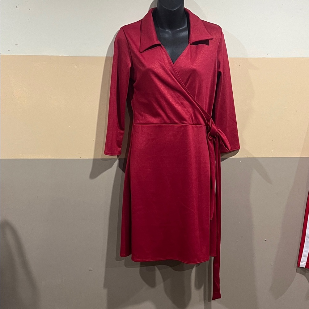 Star Vixen Red Wrap Dress – Shimmery Stretch Knit, Size M, Made in USA